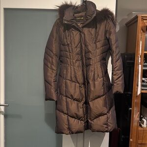 Women's Brown Quilted Jacket with Genuine Fur Hood
